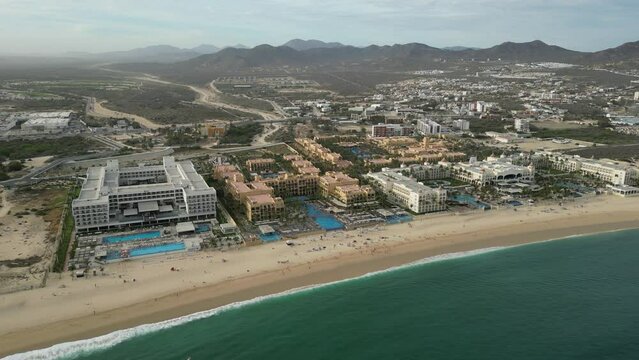 Cabo San Lucas resorts and mountains, aerial angle
