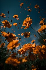 Marigold petals fly in the sky