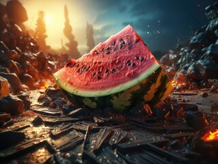 watermelon on damage road with destroy building background