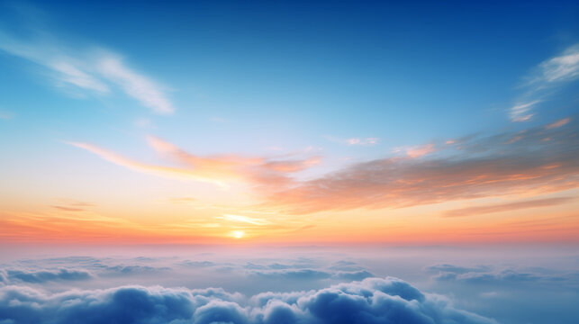Abstract gradient sunrise in the sky with cloud and blue mix orange natural background.