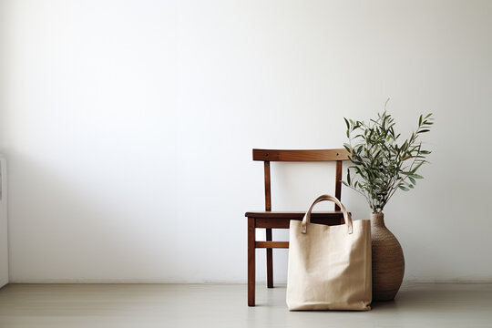 An empty canvas bag, a wooden chair, and a large vase with green branches stand against a white wall in a light room with a light gray concrete floor. Mock-up for design. Blank template.
