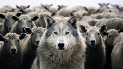 a dark grey wolf in a flock of white sheeps with clean background - obrazy, fototapety, plakaty