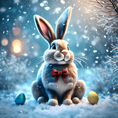 Fototapeta na wymiar Seasonal Bunny Delight: Easter Bunny Playing in Happy Moods Across Streets, Embracing Snow, Christmas, Halloween, and School Days