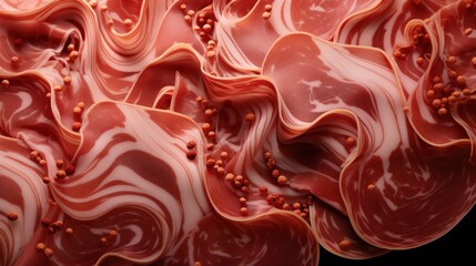 A close up of a slices of prosciutto meat with red and white swirls, AI