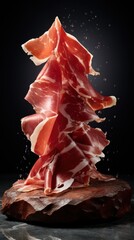 A piece of ham is sitting on top a wooden block, AI - obrazy, fototapety, plakaty