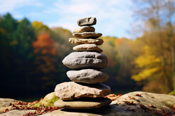 Fototapeta na wymiar Peaceful Natural Setting with Balanced Stone Tower