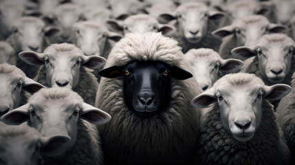 This captivating image captures a black sheep standing out among a group of white sheep against a clean backdrop, representing distinctiveness and diversity.