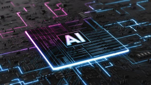 
Futuristic Technology Neon Animation Artificial Intelligence CPU GPU Circuit Board. 3D visualization Microchip Augmented Virtual Reality. Data Transmission in Board Chip. Internet of Things. AI.
