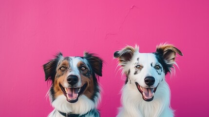 Two dogs sitting next to each other in front of a pink wall. Generative AI.