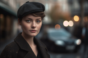 Street style model portrait photographed on the street of Paris, photorealistic + hyperrealistic, dark style