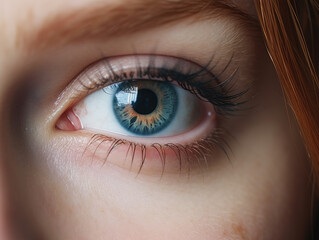 Close-up of woman's blue eyes, both irises visible.