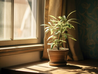 Lonely Potted Plant on Sunlit Windowsill