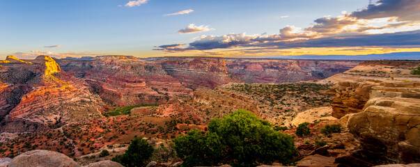 Panorama of the sunset over the Little Grand Canyon viewed from The Wedge Viewpoint in Utah, USA