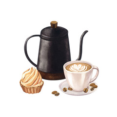 Coffee cup latte, coffee pot and muffin with cream. Group object cake and hot drink decorated with heart of milk. Watercolor hand drawn illustrations, isolated on white background.