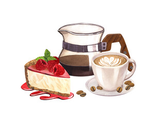 Coffee cup latte, coffee pot and dessert, cheesecake with raspberries and jam. Cake and hot drink decorated with heart of milk. Watercolor hand drawn illustrations, isolated on white background.