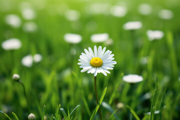 Close-up of a lone, pristine daisy in a field of green.