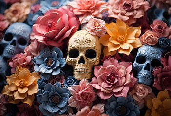 Bunch of colorful skulls in pastel spring flowers.