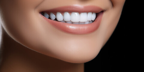 Create an attention-grabbing banner with a close-up of a gorgeous woman showcasing her white perfect teeth against a dark black background. Dental health and beauty concept.