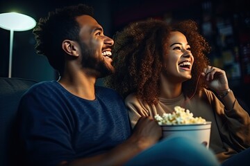 couple watching tv and eating popcorn. 