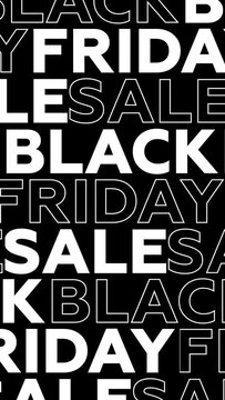 Loop animation. Screensaver for smartphone for social media with white text Black Friday. Words move horizontal. Vertical 4K animated video on transparent background. Concept of sale, discount. Bold