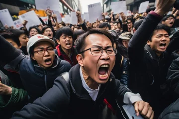 Fotobehang Angry Asian people protesting on a street © blvdone