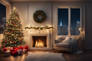 Naklejka premium fireplace with christmas decorations