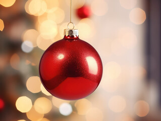 Close-up of a single, elegant red ornament hanging from a white Christmas tree branch.