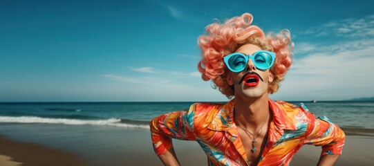 Stunningly fashionable LGBTQ man posing at a beach - obrazy, fototapety, plakaty