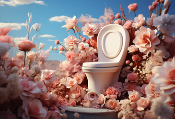 toilet in nature surround with colorful spring flowers - obrazy, fototapety, plakaty