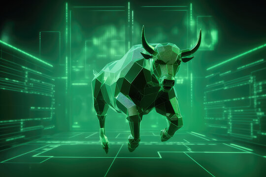 Metallic green bull or bullish with market trend in crypto currency or stocks. Trade exchange background, up arrow graph for increase in rates.3d render illustration. Generative AI.