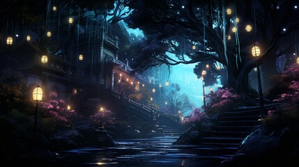 Design an AI-created landscape that portrays the charm of a 'Midnight Kiss' on New Year's Eve, with a focus on the mesmerizing play of lights and shadows.