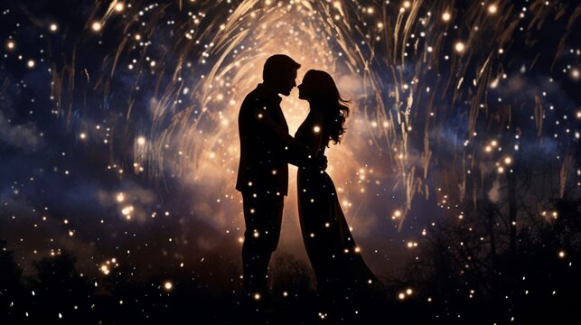 Create an image capturing the essence of a 'Midnight Kiss' during New Year's, featuring a sparkling, starlit night sky and an intriguing moment.