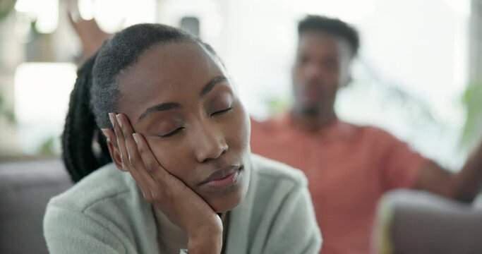 Divorce, stress and couple fight on a sofa angry, frustrated and argue at home. Conflict, crisis and annoyed woman ignore man in living room with debt, anxiety and commitment doubt, fail or cheat