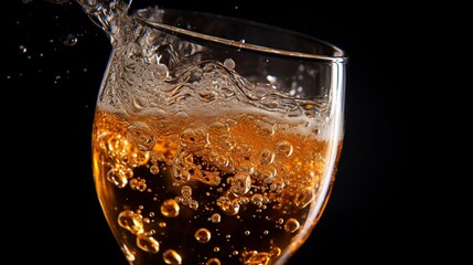 A close-up of a bubbling glass of sparkling cider for a New Year's toast.