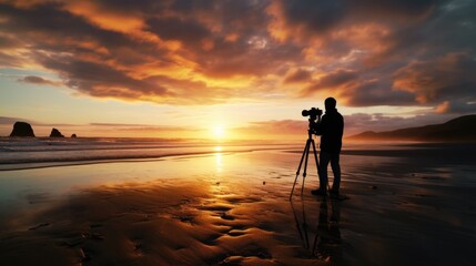 cinematographer capturing a sunset on a beach generative ai - obrazy, fototapety, plakaty