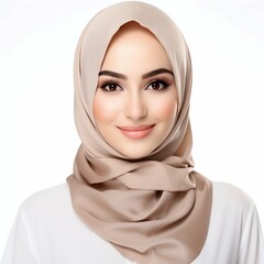 Radiant Elegance: Portrait of a Smiling Young Muslim Woman Isolated on White Background. Generative ai