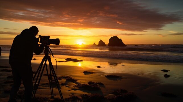 cinematographer capturing a sunset on a beach generative ai
