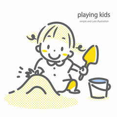 楽しく砂場で遊ぶ女の子　シンプルでかわいい線画イラスト - obrazy, fototapety, plakaty