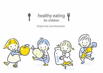 食を楽しむ子どもたち　食育　シンプルでかわいい線画イラスト