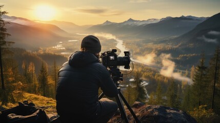 cinematographer setting up a camera for a mountain scene, generative ai - obrazy, fototapety, plakaty