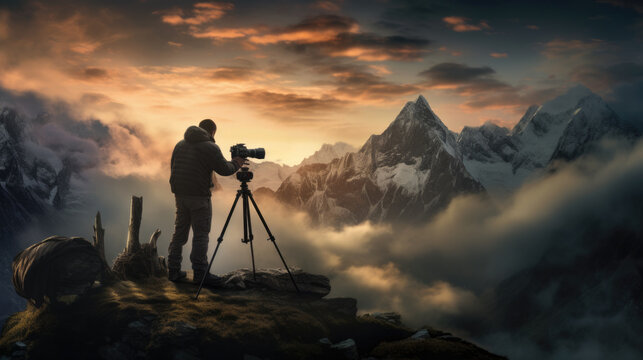 cinematographer setting up a camera for a mountain scene, generative ai