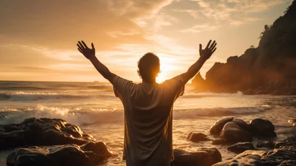 Fotobehang believer with hands raised in prayer by a serene lakeside, showcasing their spiritual connection generative ai © ThisDesign