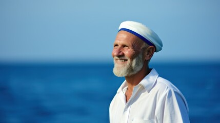 An old ship captain in captain's outfit in front of a seascape