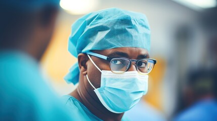 Doctor wearing a protective mask prepares for surgery