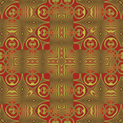 Seamless illustrated pattern made of abstract elements in red and gold