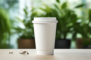 Environmentally friendly white to-go cup made of biodegradable cardboard with holder for food, snacks, and coffee.