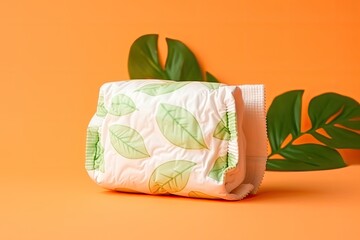 Eco-friendly disposable diapers with orange background and green leaves.