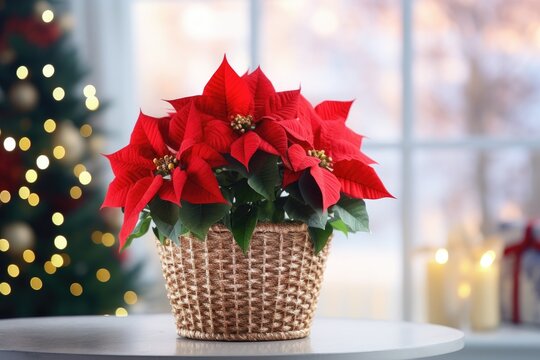 Text space on holiday decoration background with traditional poinsettia in wicker pot, gifts.