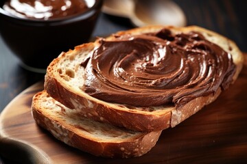 Delicious morning meal: chocolate spread on bread.