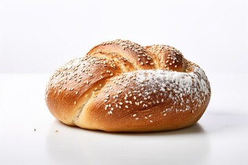 White-covered challah bread with poppy and sesame seeds on a white and grey backdrop.